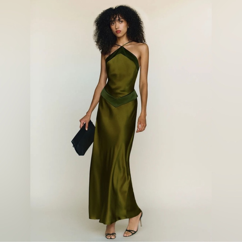 NWT Reformation Jillian Silk Dress - size 6 - Moss Green Pear